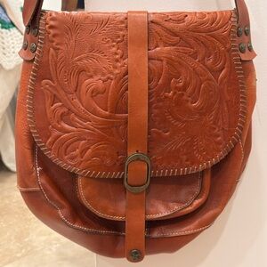 Embossed Leather Saddle Bag in Burnt Orange